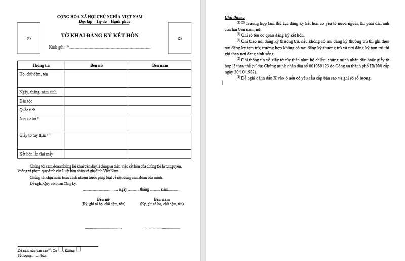 Mẫu tờ khai đăng ký kết hôn