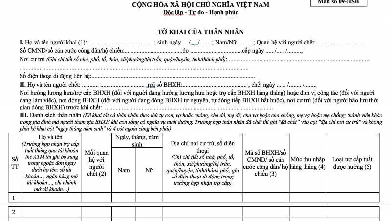 Tờ khai thân nhân theo mẫu