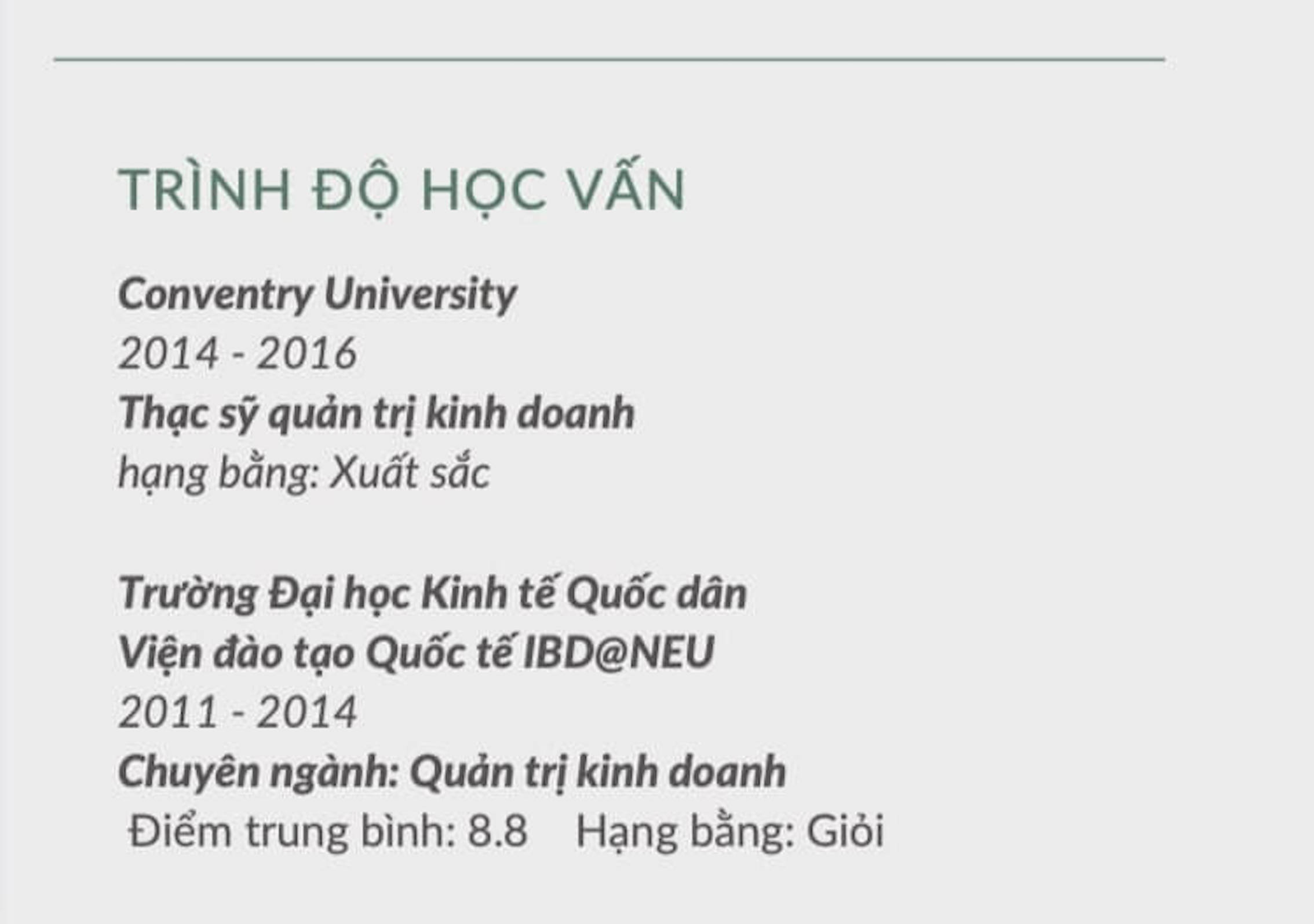 Trình độ học vấn trong CV Manager