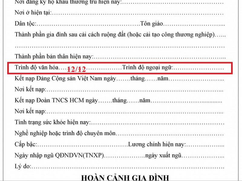 Trình độ văn hóa trong Sơ yếu lý lịch