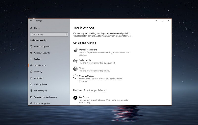 Giao diện Troubleshooting hiện lên