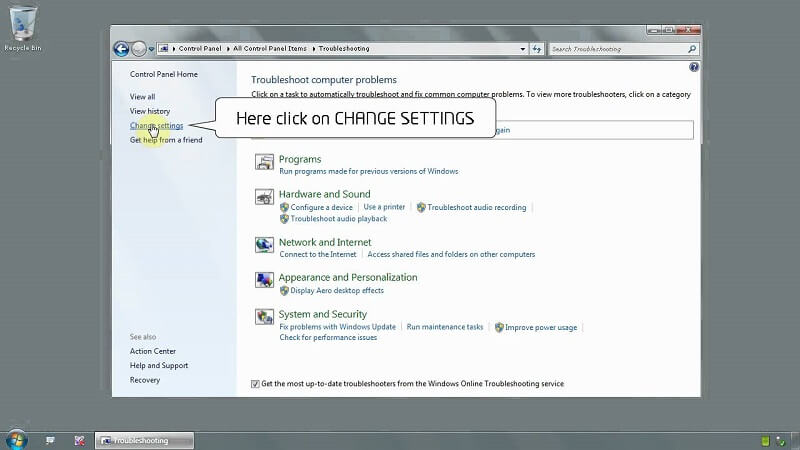 Giao diện của Troubleshooting trên Windows 7