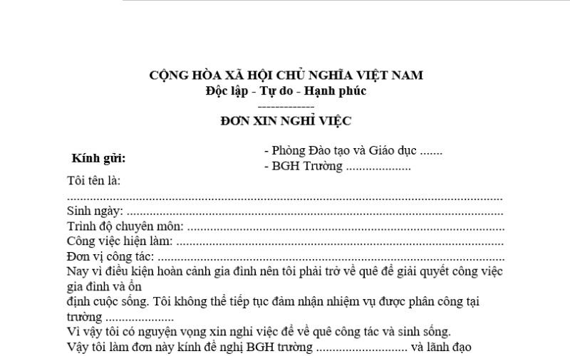 Nội dung đơn thôi việc của viên chức
