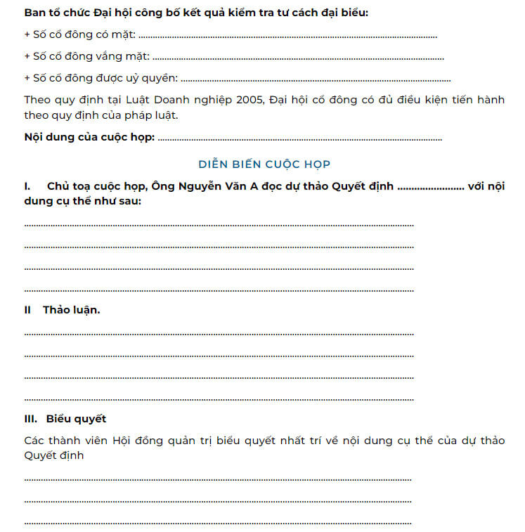 Các nội dung chính của biên bản