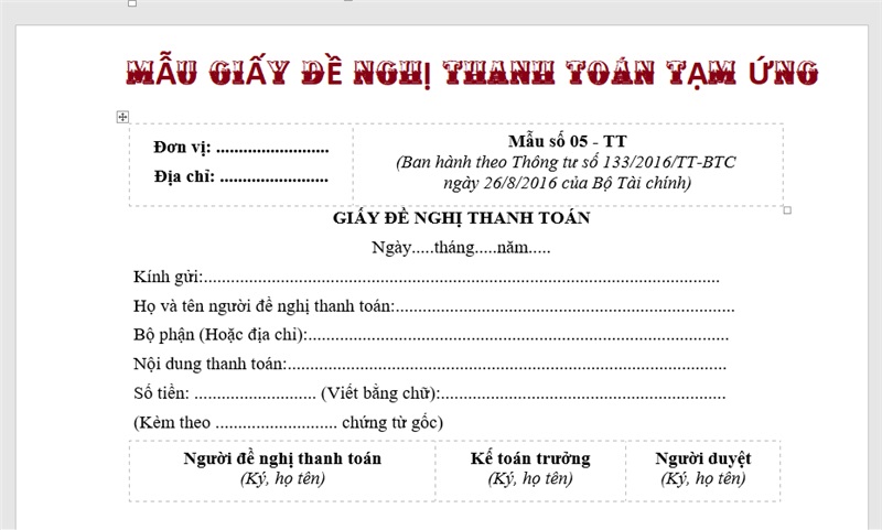 Ghi phần đầu giấy Đề nghị thanh toán tạm ứng