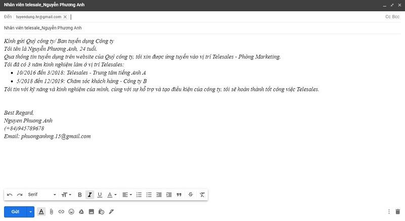 Nội dung email xin việc