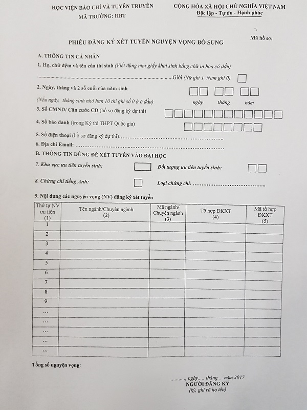 mẫu đăng ký nguyện vọng