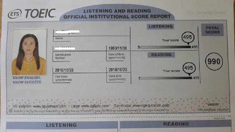 Phiếu điểm TOEIC Phiếu điểm TOEIC