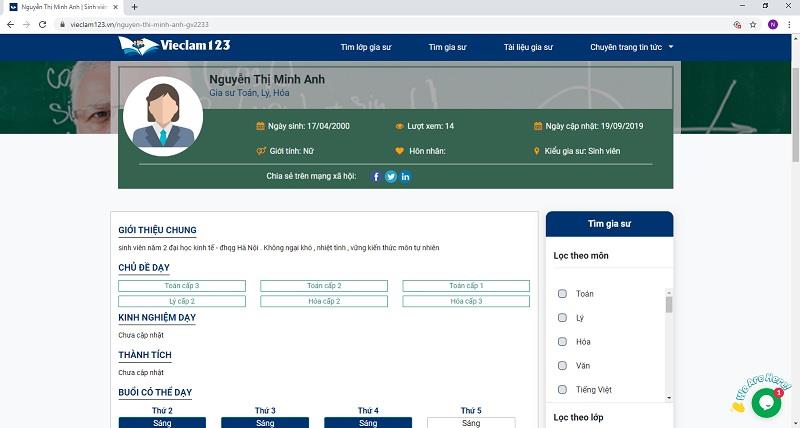 Bộ lọc tìm kiếm gia sư nhanh chóng tại Vieclam123.vn
