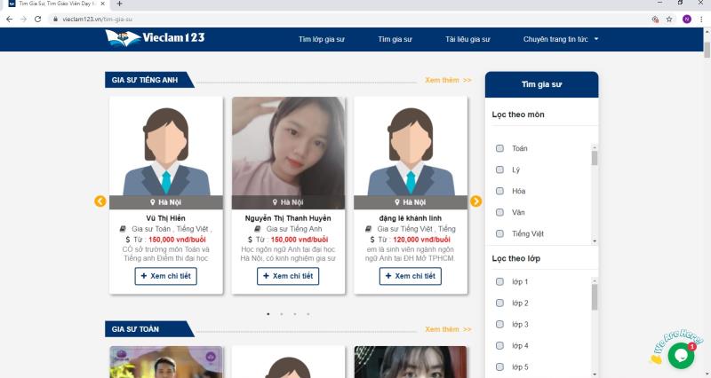 Tìm kiếm gia sư trực tuyến nhanh chóng tại Vieclam123.vn