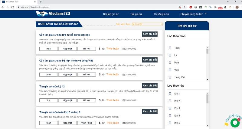 Tìm kiếm gia sư bằng tính năng lọc tại Vieclam123.vn
